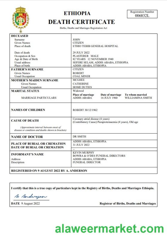 Ethiopia vital record death certificate Word and PDF template